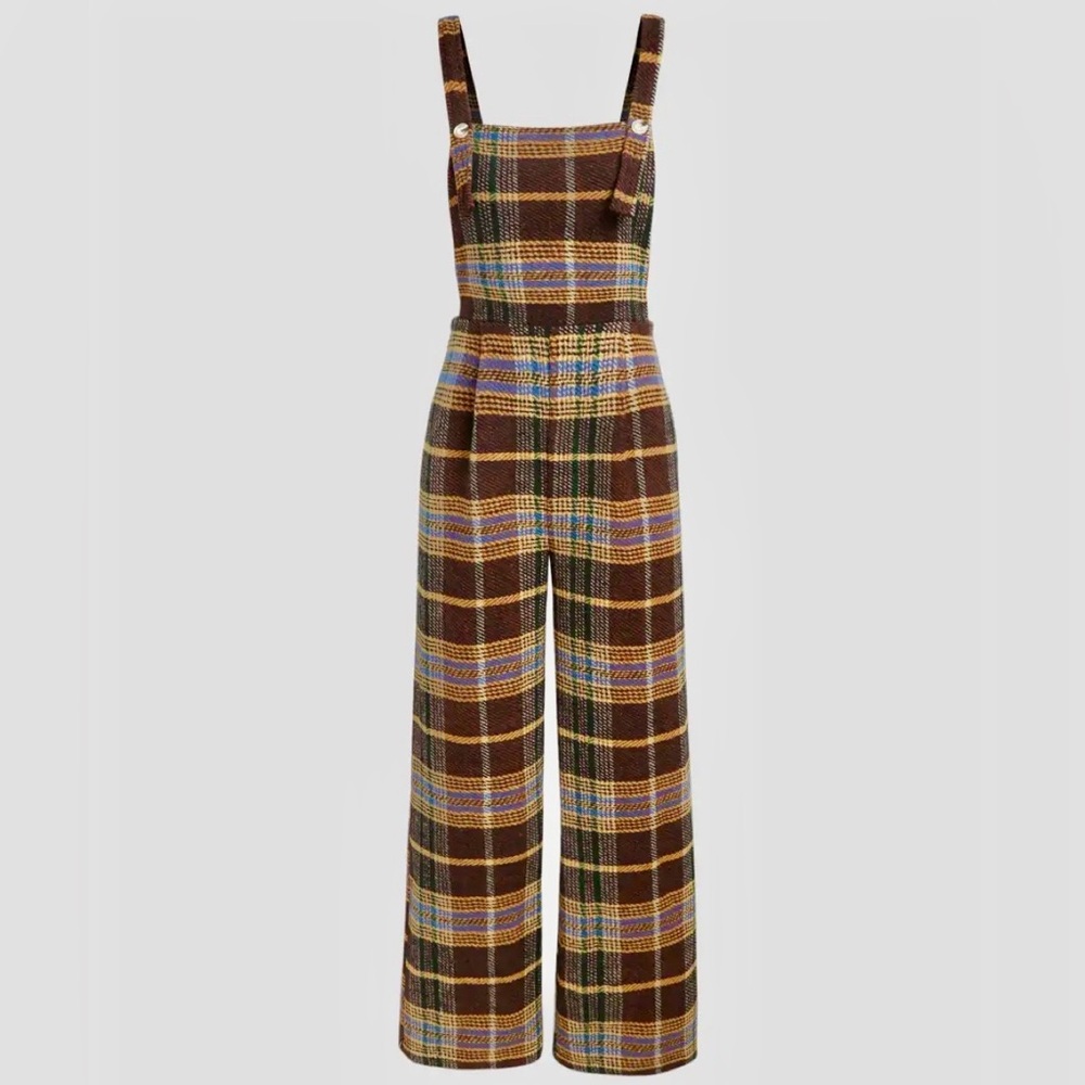 TWEED PLAID BUTTON UP WIDE LEG JUMPSUIT